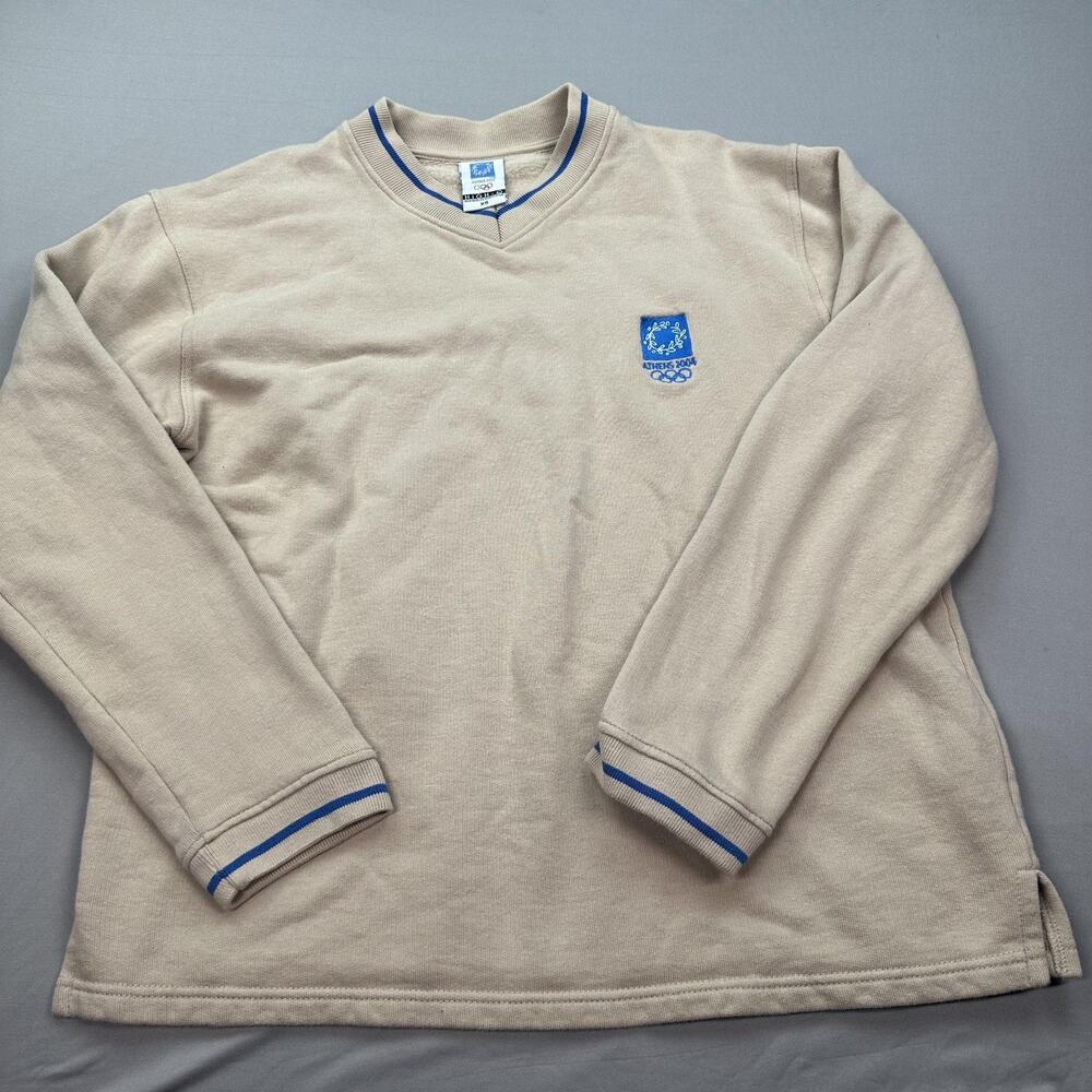 VTG Athens 2004 Olympics Sweater Mens XS Brown High-Q Greece V Neck Fleece